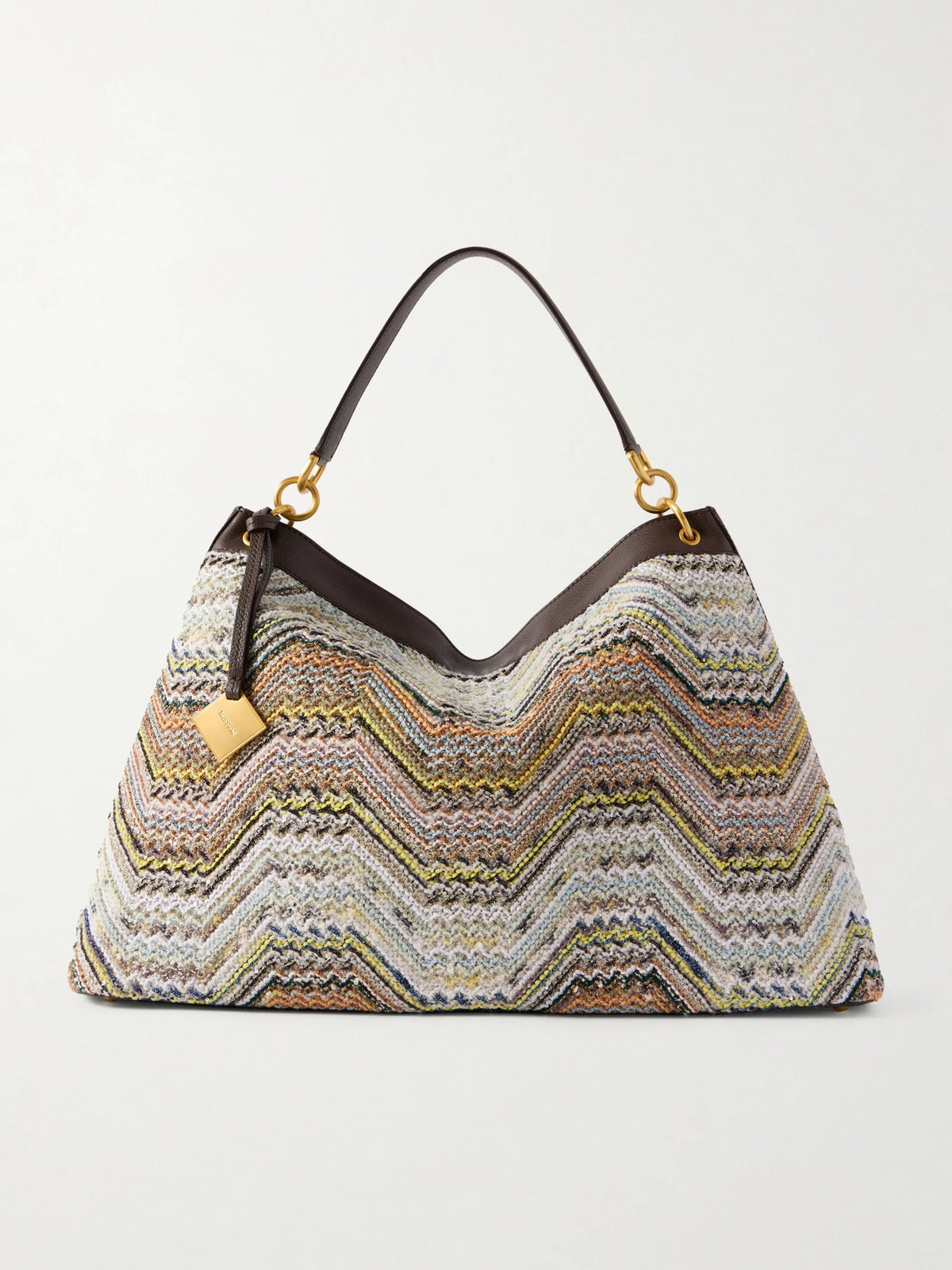 Sequined-embellished Striped Leather-trimmed Woven Shoulder Bag