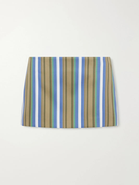 Image of a model wearing Skirts. Product name - Hera Striped Cotton-poplin Mini Skirt in Blue colour by brand - The Frankie Shop