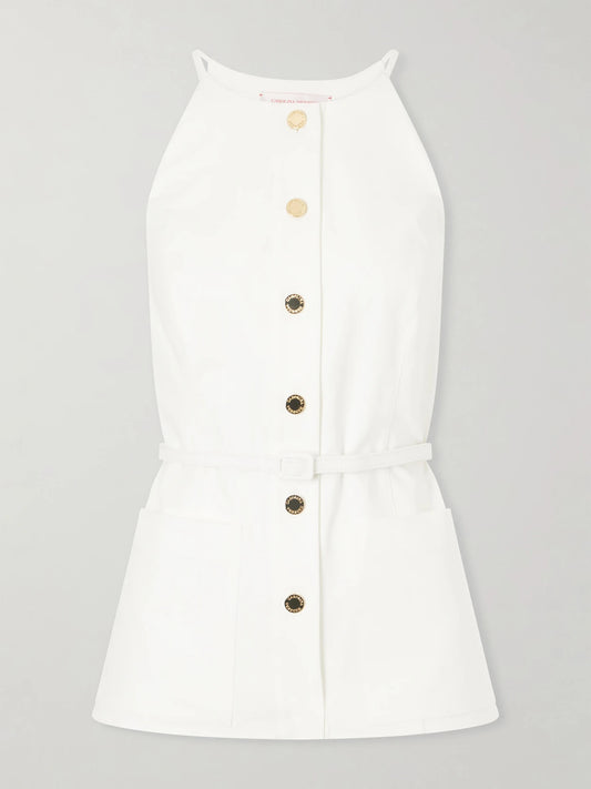 Image of a model wearing Tops. Product name - Belted Cotton-blend Blouse in White colour by brand - Carolina Herrera