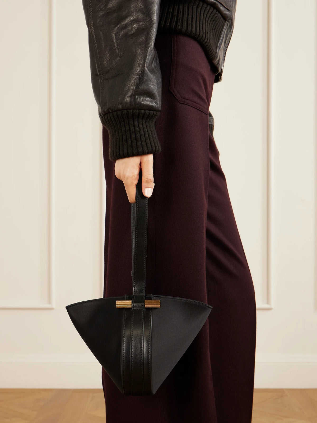 Image of Bags. Product name - Portofina Dia Leather-trimmed Satin Clutch in Black colour by brand - Victoria Beckham