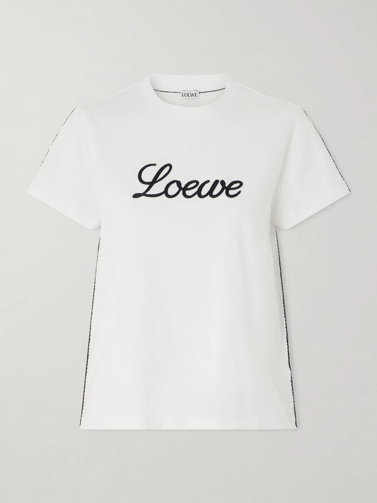 Image of a model wearing Tops. Product name - Embroidered Cotton-jersey T-shirt in White colour by brand - LOEWE