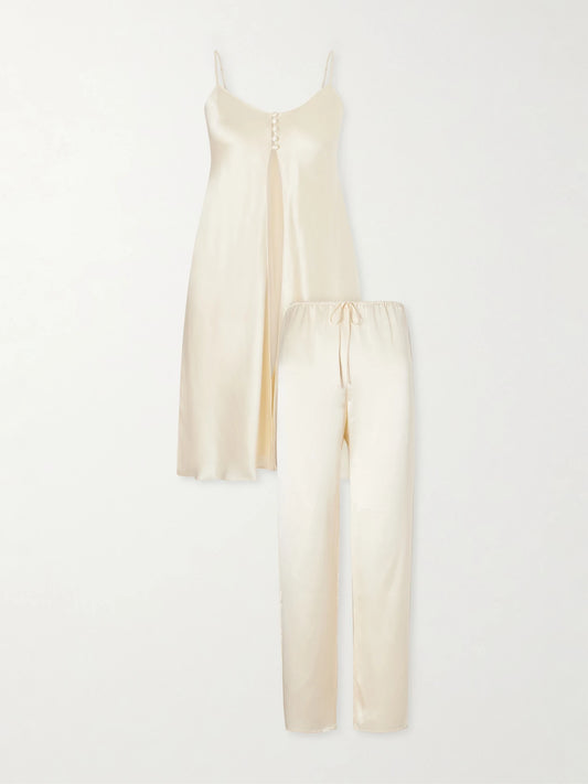 Image of Lingerie. Product name - Elvira Silk-satin Pajama Set in Ecru colour by brand - Olivia von Halle