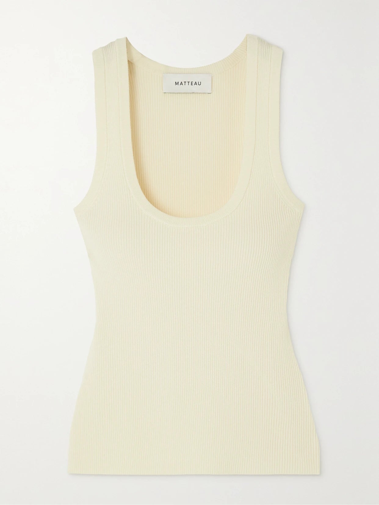 Image of a model wearing Tops. Product name - + Net Sustain Ribbed-knit Tank in Ecru colour by brand - Matteau