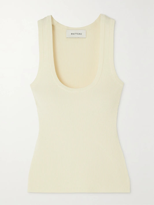 Image of a model wearing Tops. Product name - + Net Sustain Ribbed-knit Tank in Ecru colour by brand - Matteau