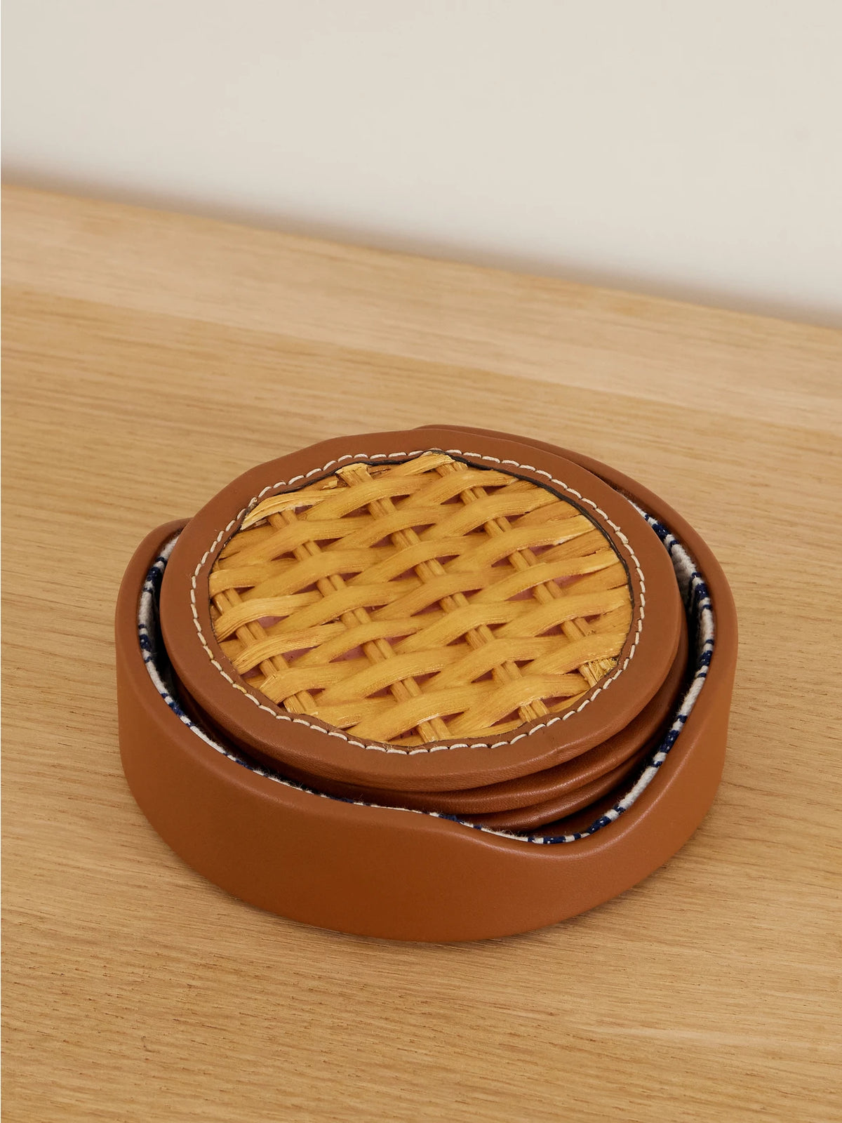 Bailey Leather-trimmed Rattan-woven Set Of Four Coasters