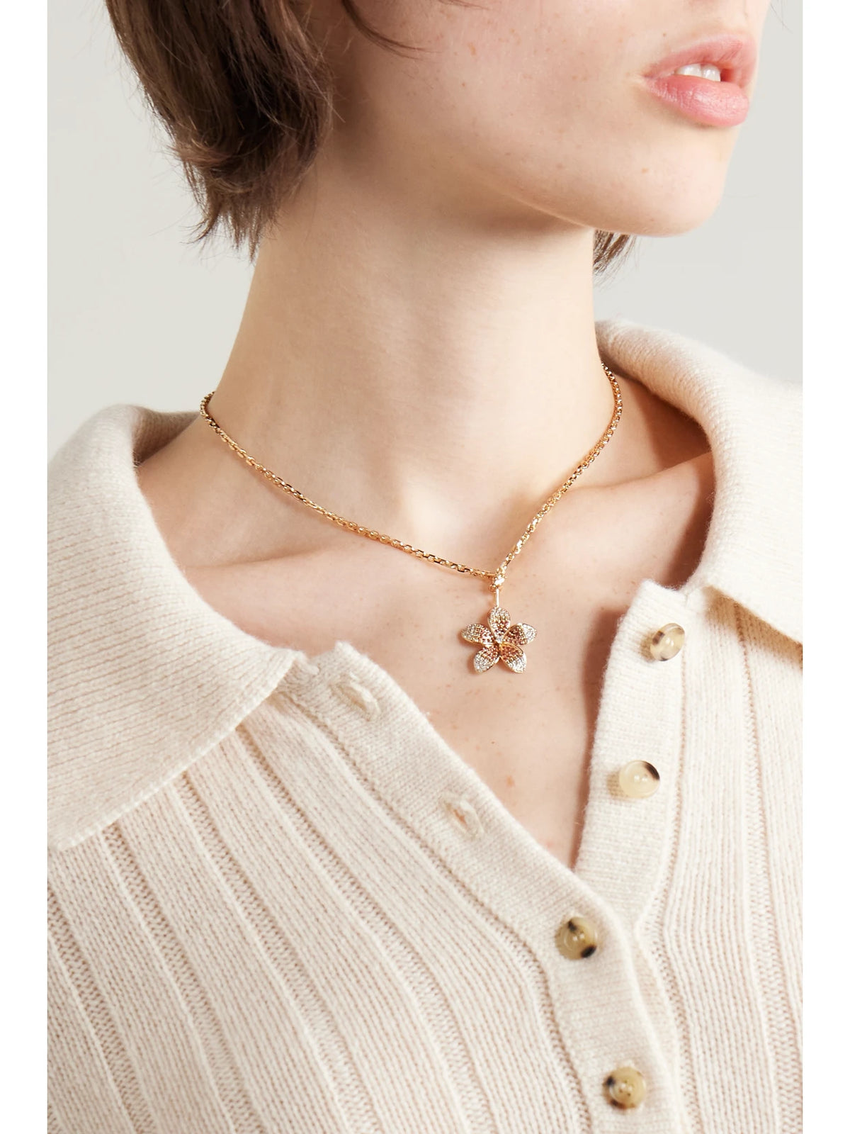Image of Necklaces. Product name - Large Plumeria 14-karat Gold Diamond And Sapphire Necklace in Multi colour by brand - Sydney Evan