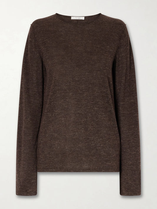 Image of a model wearing Outerwear. Product name - Nile Cashmere, Silk And Linen Blend Sweater in Dark brown colour by brand - The Row