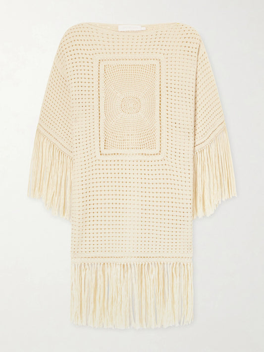 Indra Fringed Crocheted Cotton Mini Dress