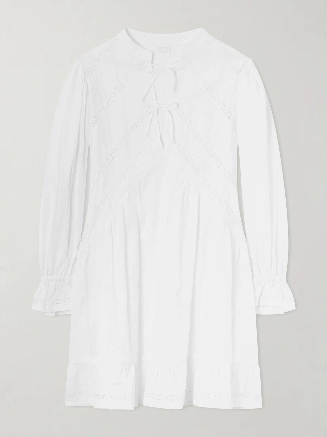 Image of Dresses. Product name - Recanati Ruffled Pleated Lace-trimmed Cotton Mini Dress in Off-white colour by brand - Loretta Caponi