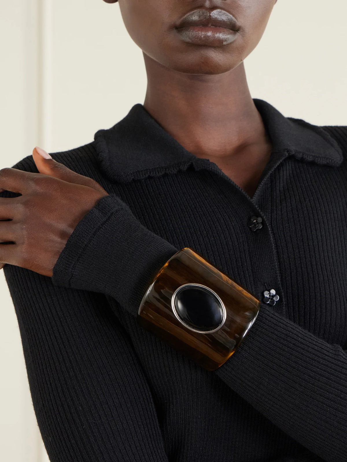 Image of Bracelets. Product name - Nera Rhodium-plated, Onyx And Resin Cuff in Brown colour by brand - Julietta