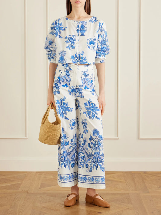 Image of Blouses. Product name - New Jinny Chintz Floral-print Cotton Blouse in Blue colour by brand - Emporio Sirenuse