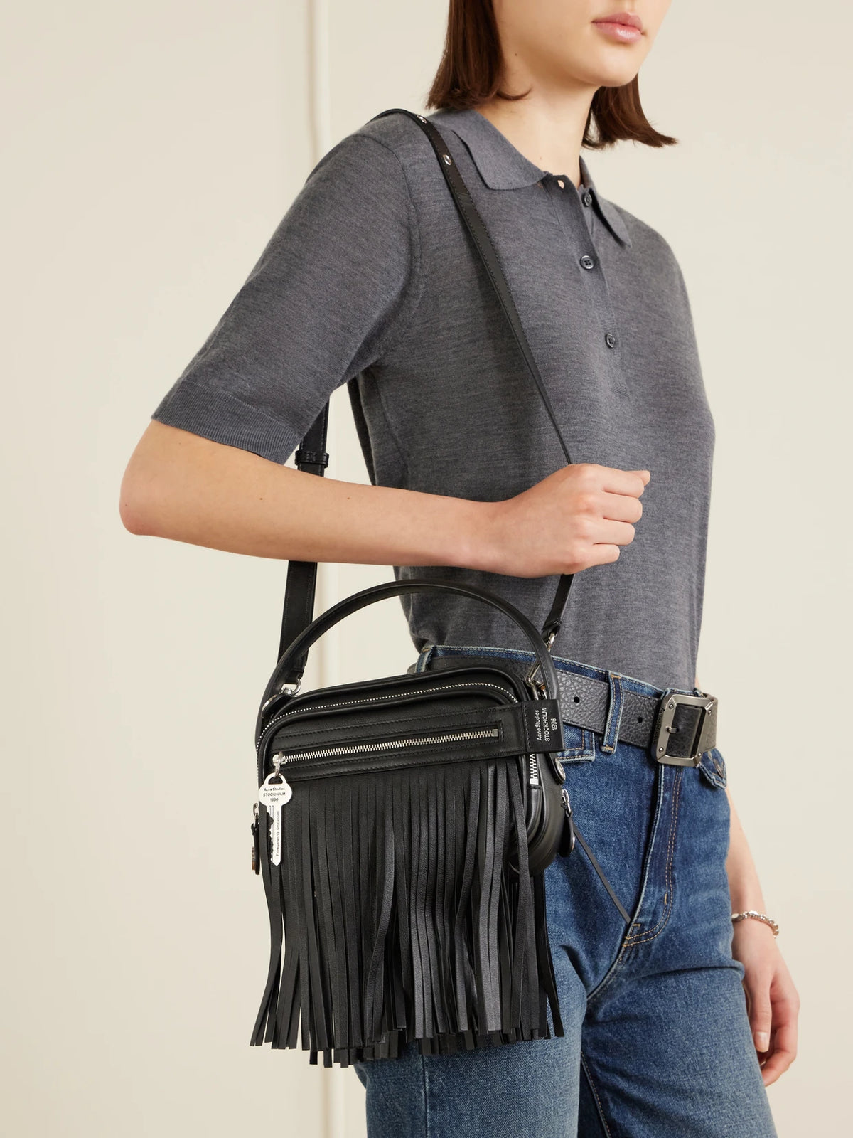 Image of Bags. Product name - Camero Fringe Leather Shoulder Bag in Black colour by brand - Acne Studios