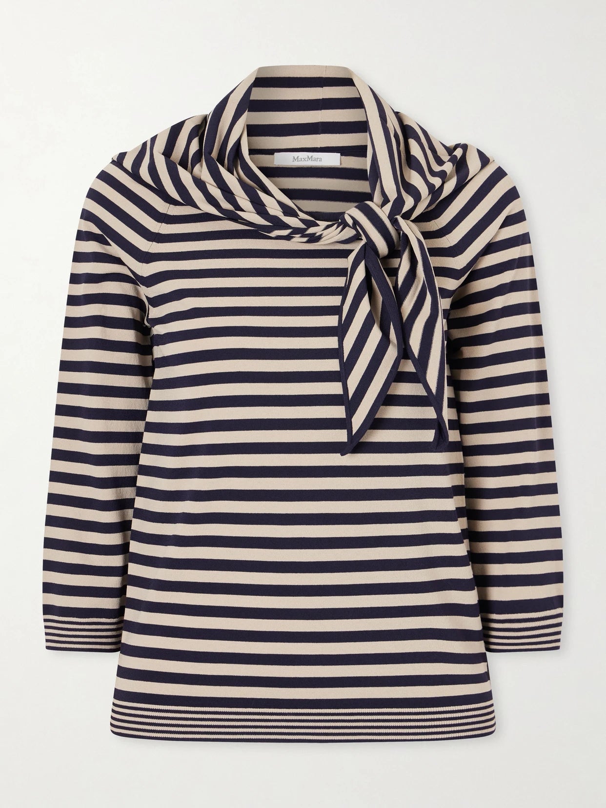 Image of a model wearing Outerwear. Product name - Tie-detailed Striped Jersey Sweater in Black colour by brand - Max Mara