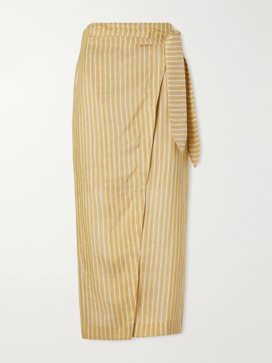 Image of a model wearing Skirts. Product name - Linen And Silk-blend Midi Skirt in Mustard colour by brand - Brunello Cucinelli