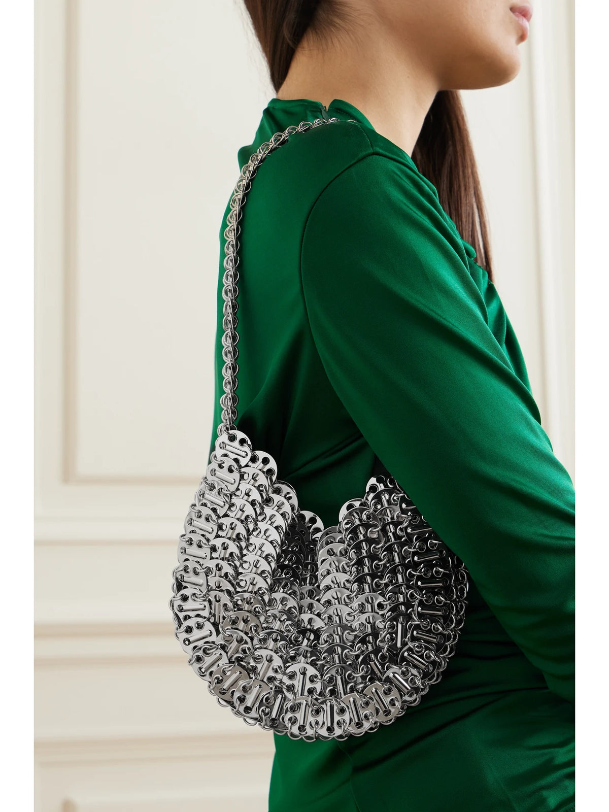 Image of Bags. Product name - 1969 Moon Chainmail Shoulder Bag in Silver colour by brand - RABANNE