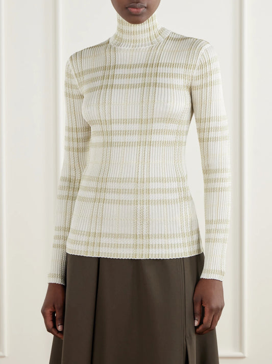 Burberry Genevia Checked Knitted Turtleneck Sweater