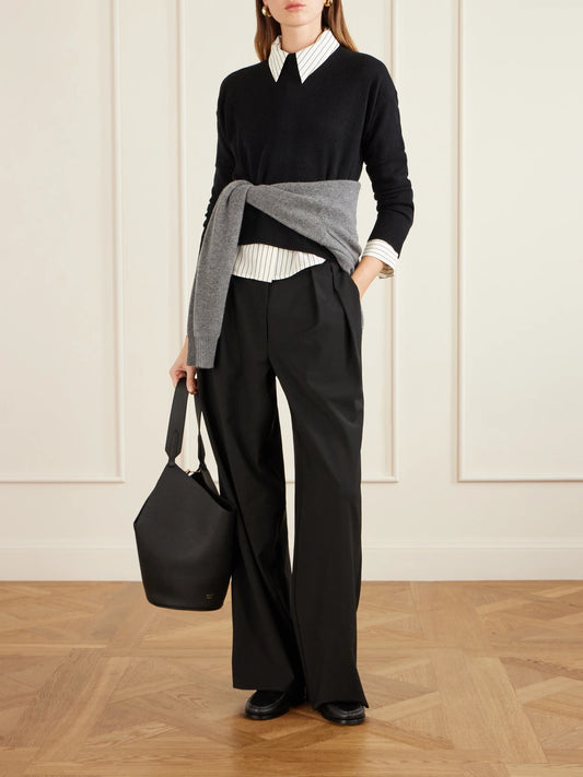 Image of a model wearing Outerwear. Product name - + Net Sustain Wool And Cashmere-blend Sweater in Black colour by brand - Allude