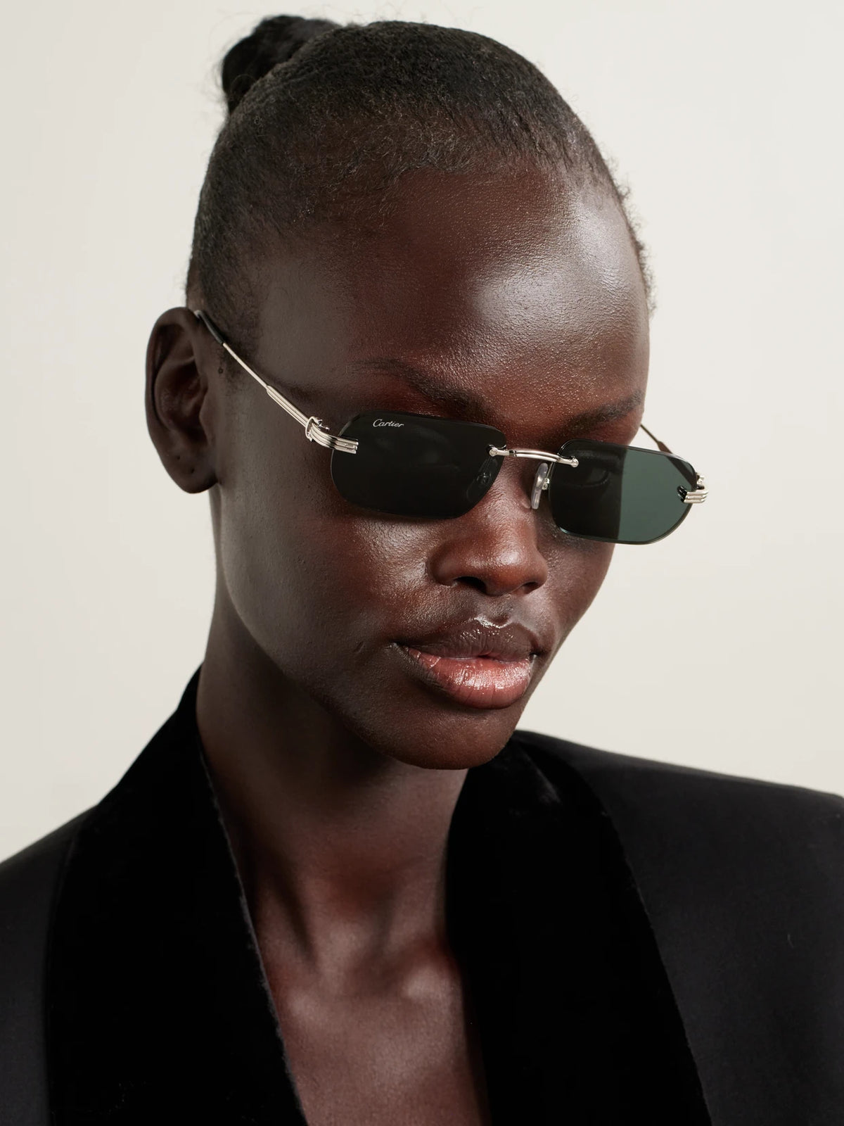 Image of Sunglasses. Product name - Première De Cartier Rimless Rectangular-frame Silver-tone Sunglasses in Multi colour by brand - Cartier Eyewear