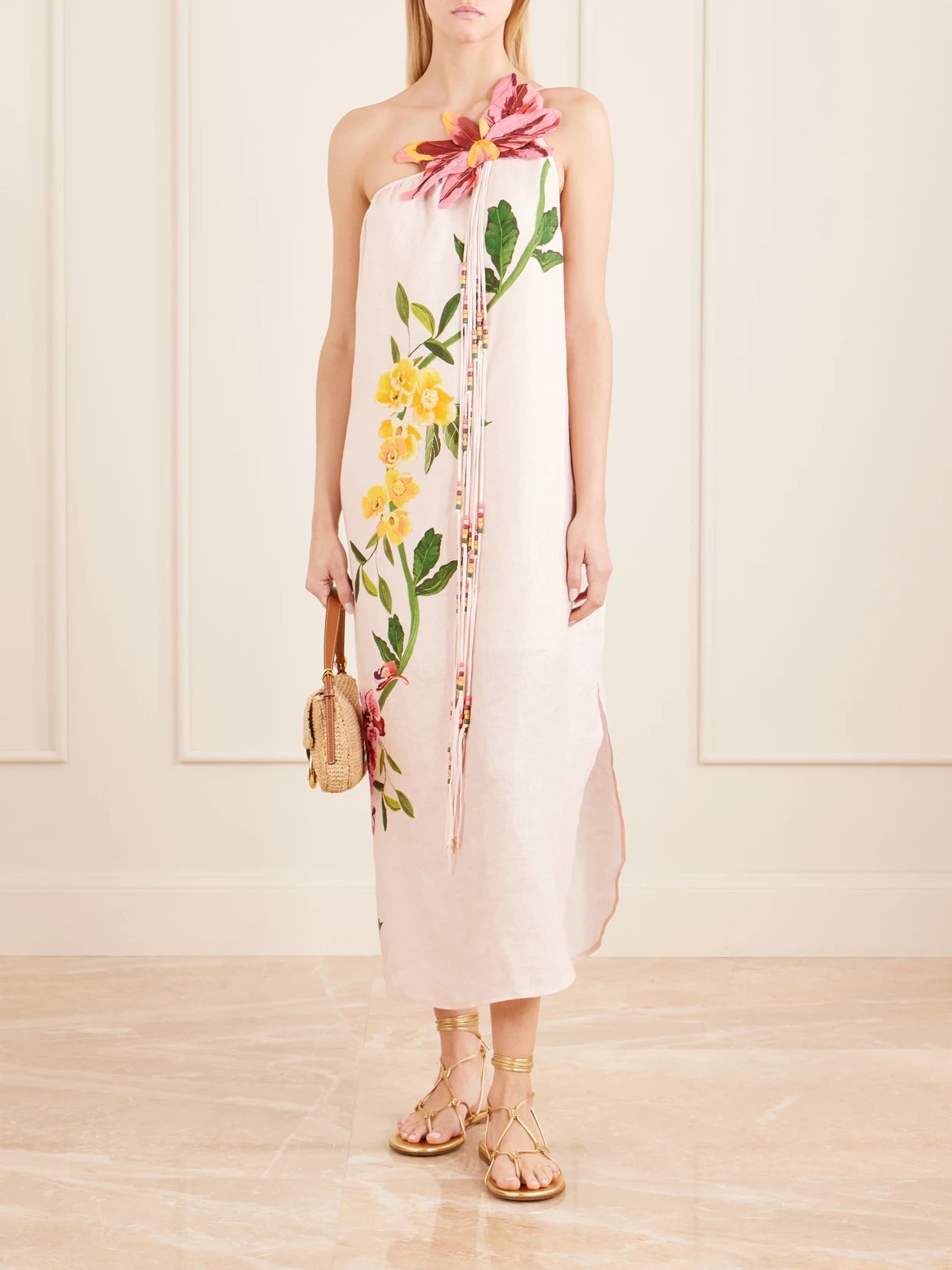 Image of Dresses. Product name - Garden Terrace Floral-print Bead-embellished Linen Maxi Dress in Pink colour by brand - Farm Rio