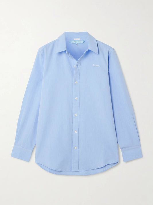 Image of a model wearing Tops. Product name - The Bestie Embroidered Cotton Shirt in Light blue colour by brand - Mother