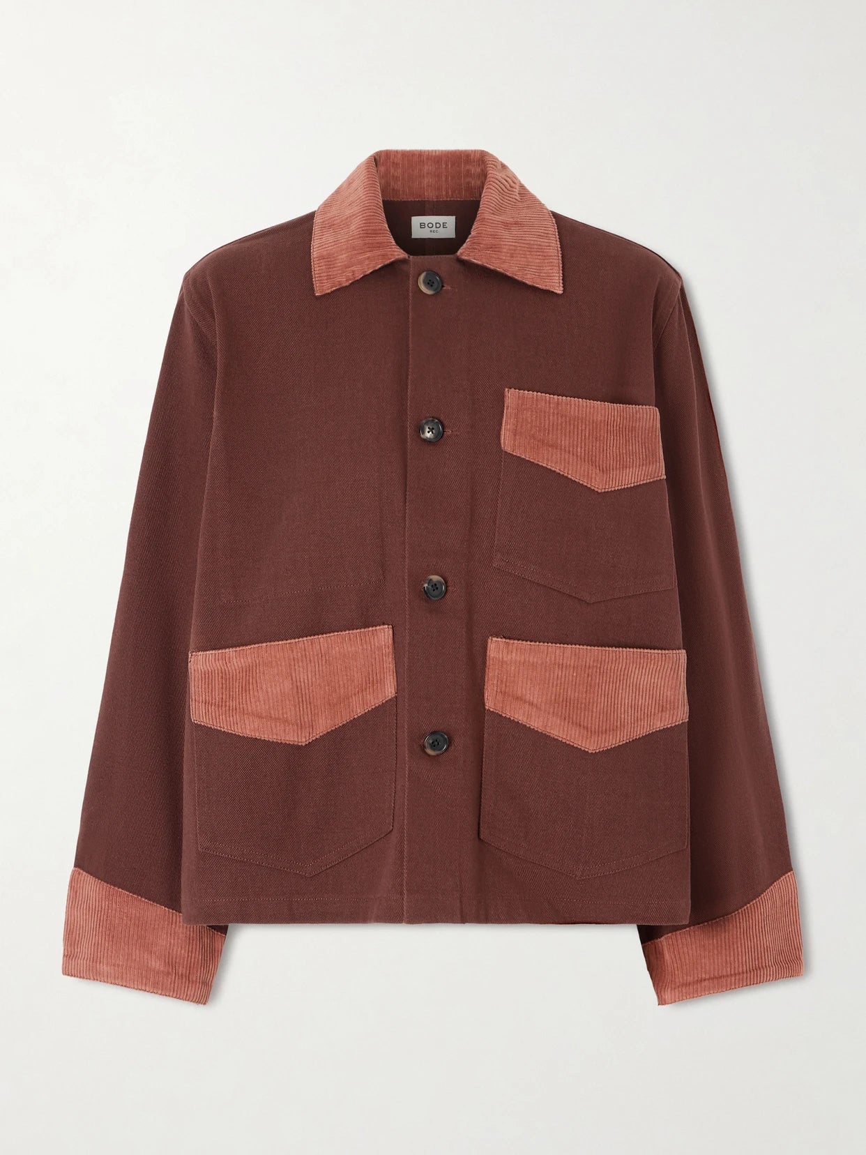 Image of Coats & Jackets. Product name - Corduroy-trimmed Cotton-twill Jacket in Brown colour by brand - BODE