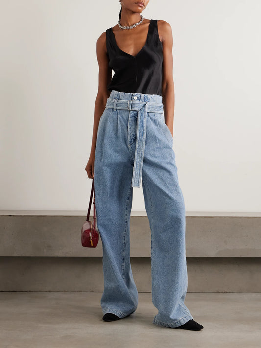 Image of Jeans. Product name - + Maria Mcmanus Corset Belted Pintucked High-rise Wide-leg Jeans in Mid denim colour by brand - AGOLDE