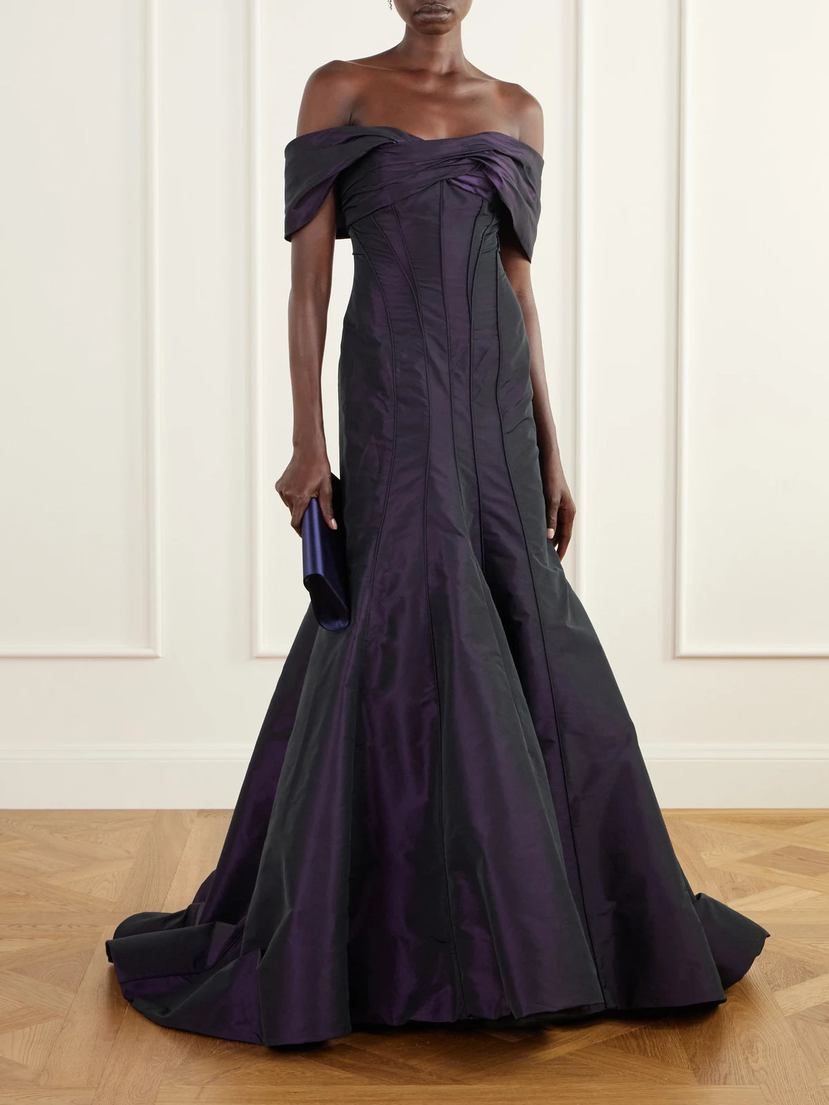 Image of Dresses. Product name - Paneled Taffeta Corset Gown in Purple colour by brand - Marmar Halim