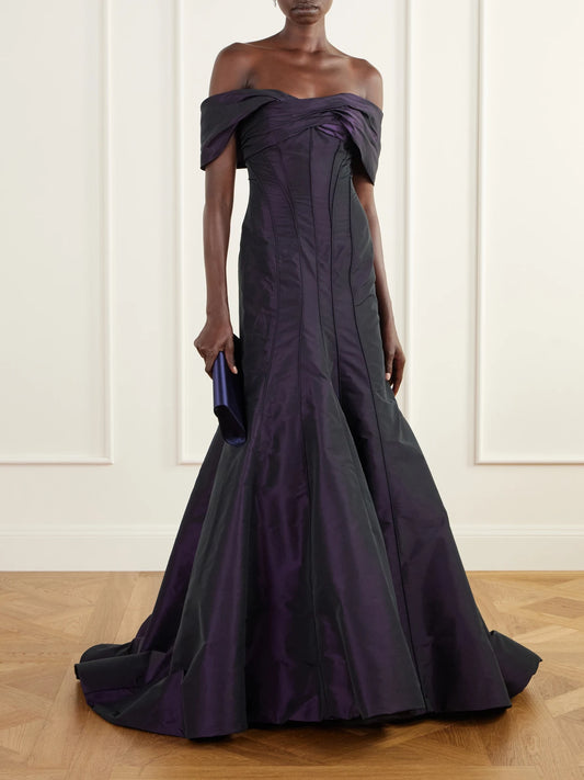 Image of Dresses. Product name - Paneled Taffeta Corset Gown in Purple colour by brand - Marmar Halim