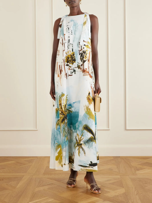 Image of Dresses. Product name - Printed Cotton-blend Poplin Maxi Dress in Light blue colour by brand - Oscar de la Renta
