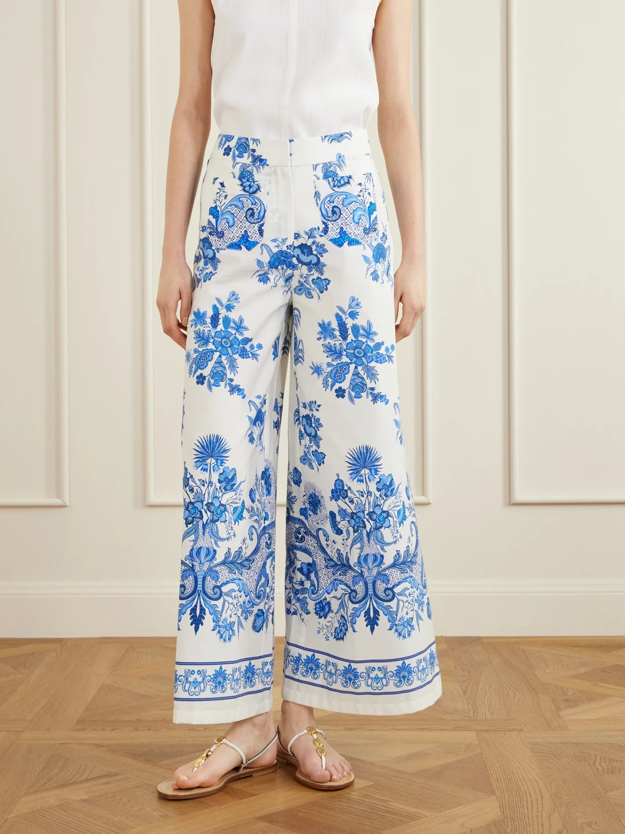 Floral Printed Cotton Wide-leg Pants