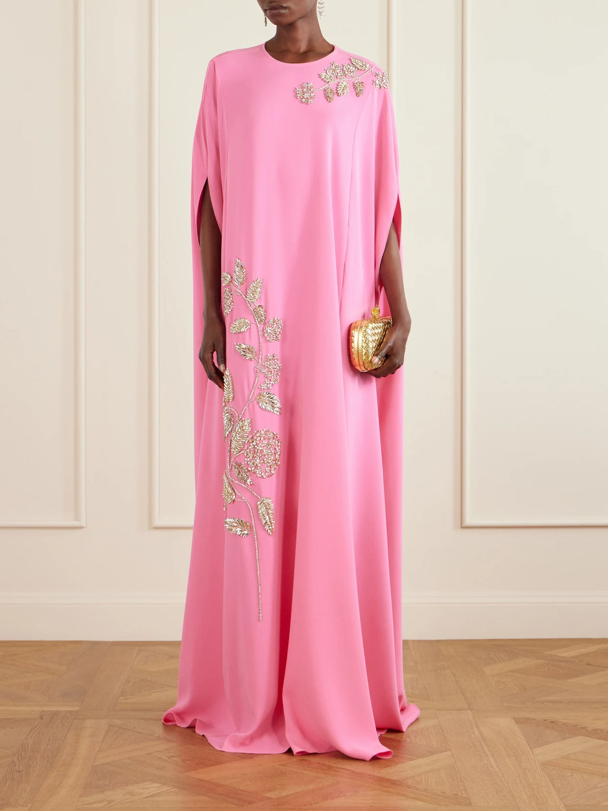 Image of Dresses. Product name - Cape-effect Embellished Silk-blend Gown in Pink colour by brand - Oscar de la Renta