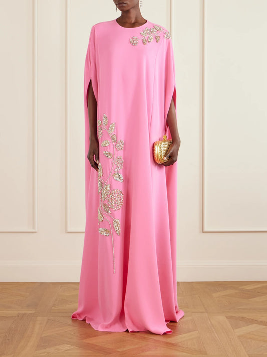 Image of Dresses. Product name - Cape-effect Embellished Silk-blend Gown in Pink colour by brand - Oscar de la Renta