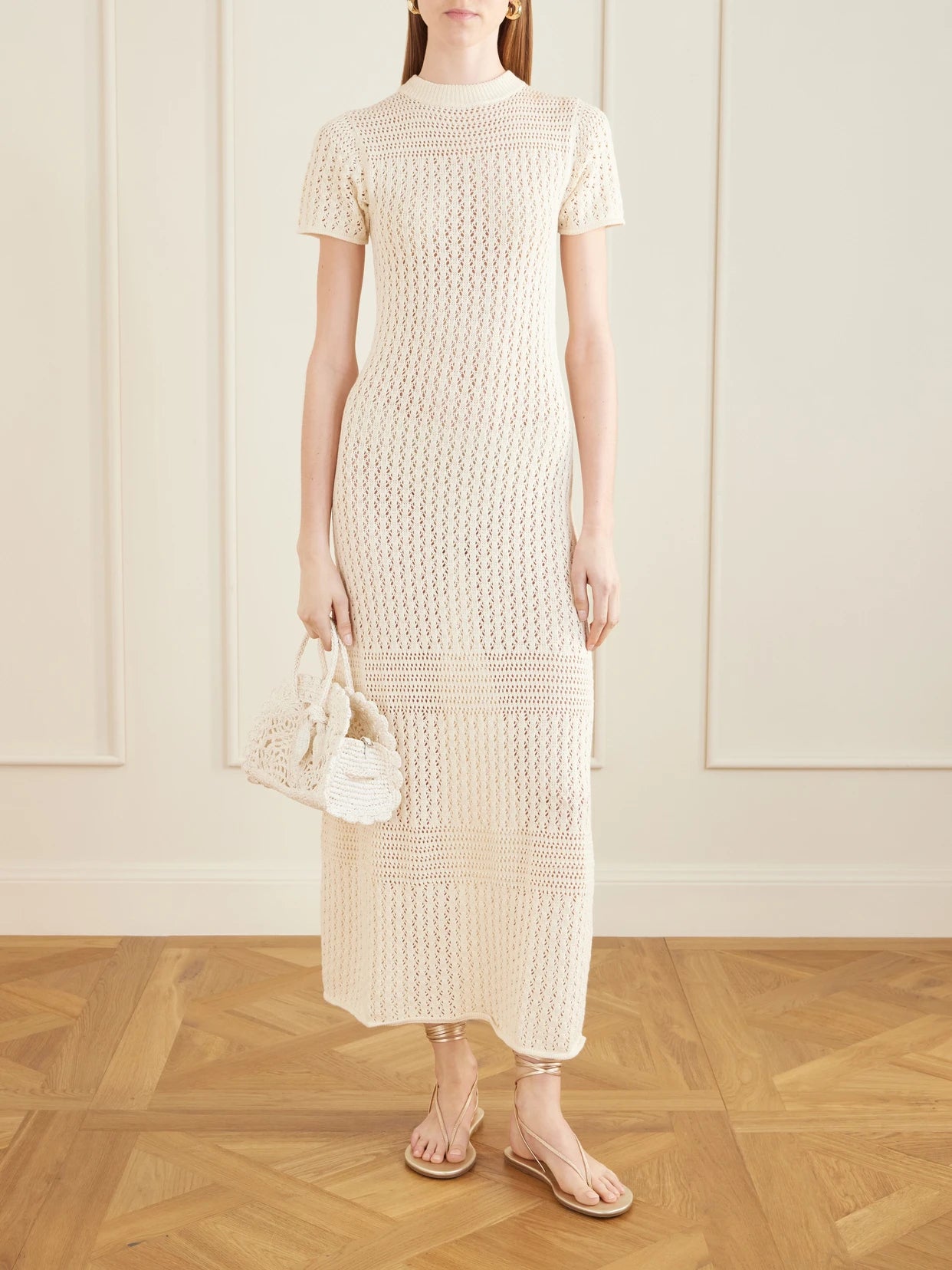Image of Dresses. Product name - Pallay Open-knit Cotton Maxi Dress in Ivory colour by brand - ESCVDO