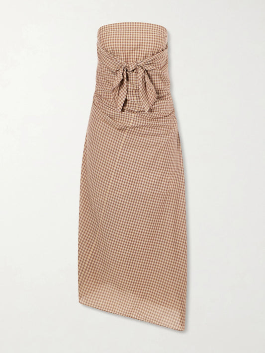 Sleeveless Knot-detailed Draped Checked Cotton Midi Dress