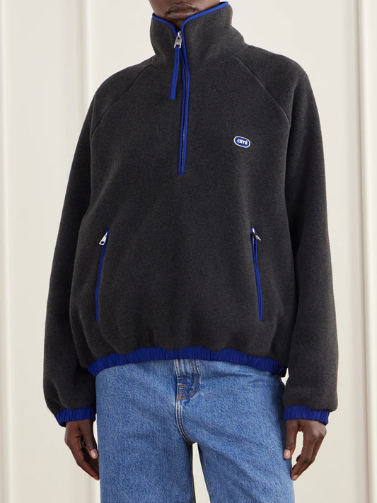 AMI PARIS Logo-embroidered Shell-trimmed Fleece Half-zip Jacket