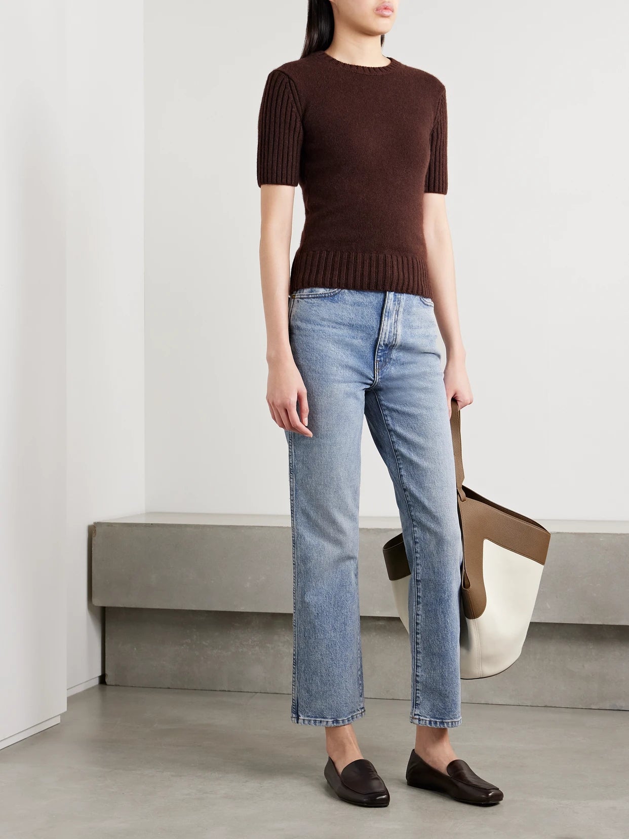 Image of Jeans. Product name - Abigail Stretch Cropped High-rise Straight-leg Jeans in Light denim colour by brand - KHAITE