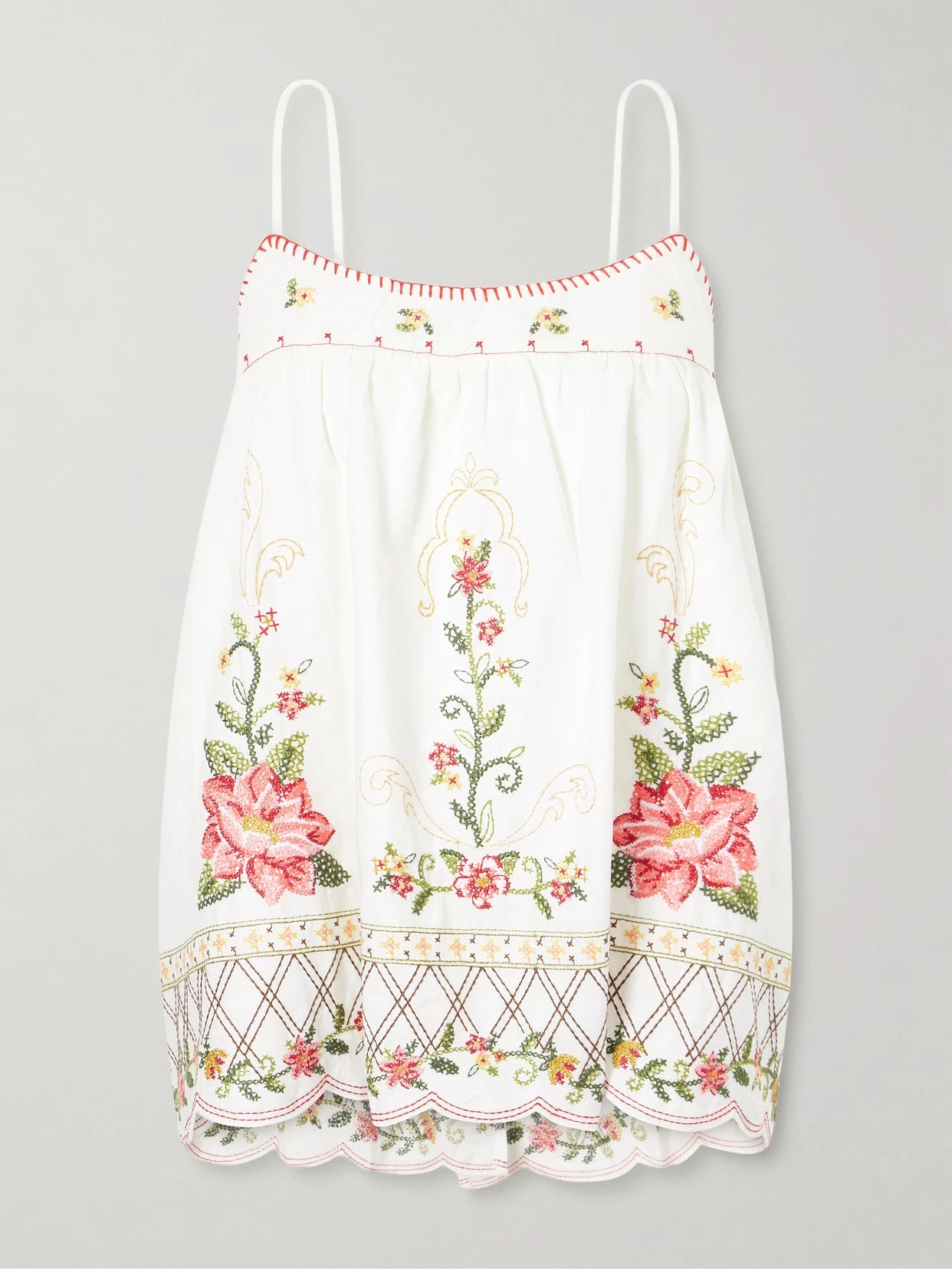 Image of a model wearing Tops. Product name - Floral-embroidered Linen-blend Cami in Off-white colour by brand - Farm Rio