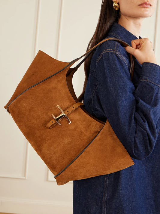 Image of Bags. Product name - T Timeless Small Suede Shoulder Bag in Tan colour by brand - Tod's