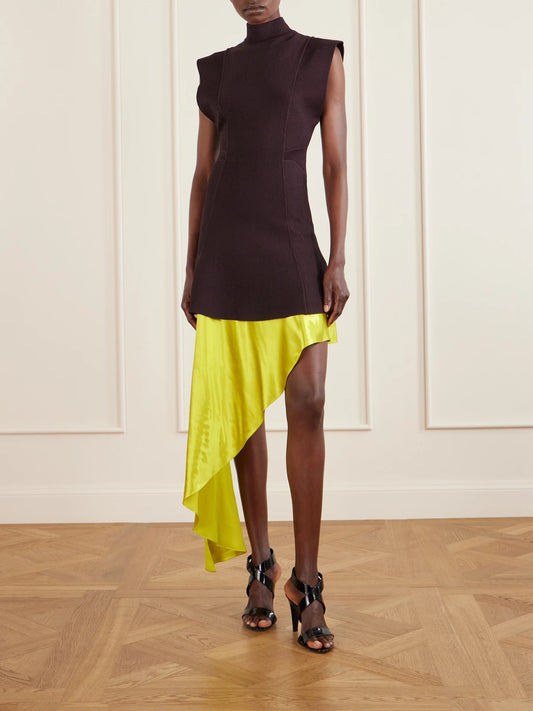 Image of a model wearing Skirts. Product name - Asymmetric Satin Midi Skirt in Lime green colour by brand - Alaïa