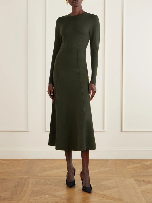 Image of Dresses. Product name - Wool And Silk-blend Knitted Midi Dress in Dark green colour by brand - Carolina Herrera