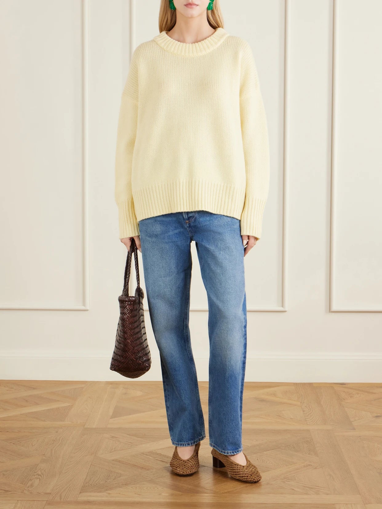 Image of a model wearing Outerwear. Product name - Marin Wool And Cashmere-blend Sweater in Pastel yellow colour by brand - La Ligne
