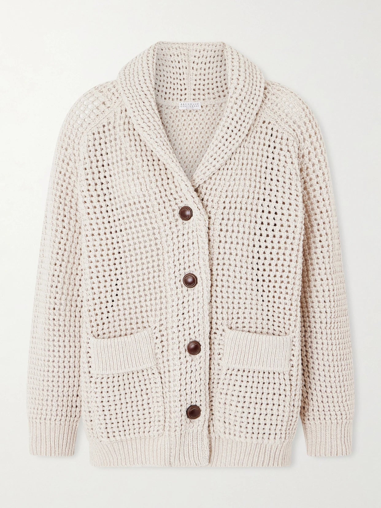 Image of a model wearing Outerwear. Product name - Open-knit Cotton-blend Cardigan in Beige colour by brand - Brunello Cucinelli