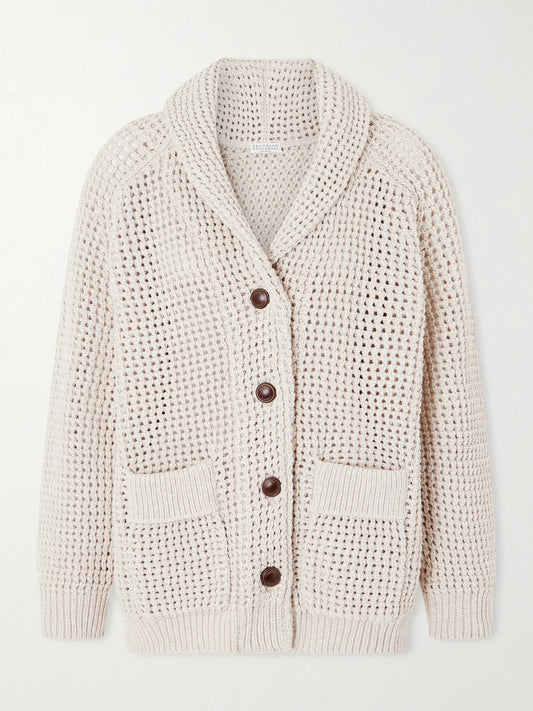 Image of a model wearing Outerwear. Product name - Open-knit Cotton-blend Cardigan in Beige colour by brand - Brunello Cucinelli