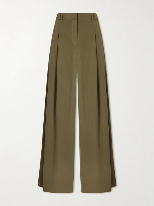 Image of a model wearing Pants. Product name - New Didi Cotton Wide-leg Pants in Army green colour by brand - TWP