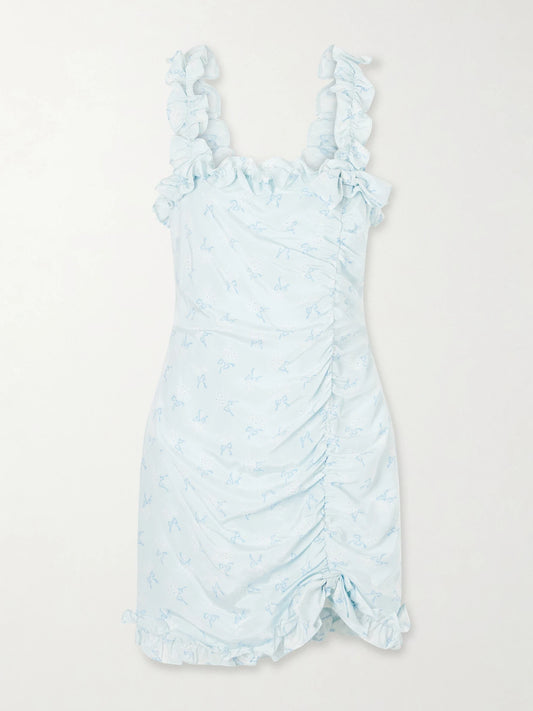 Image of Dresses. Product name - Bow-embellished Floral-print Silk-satin Mini Dress in Blue colour by brand - Alessandra Rich