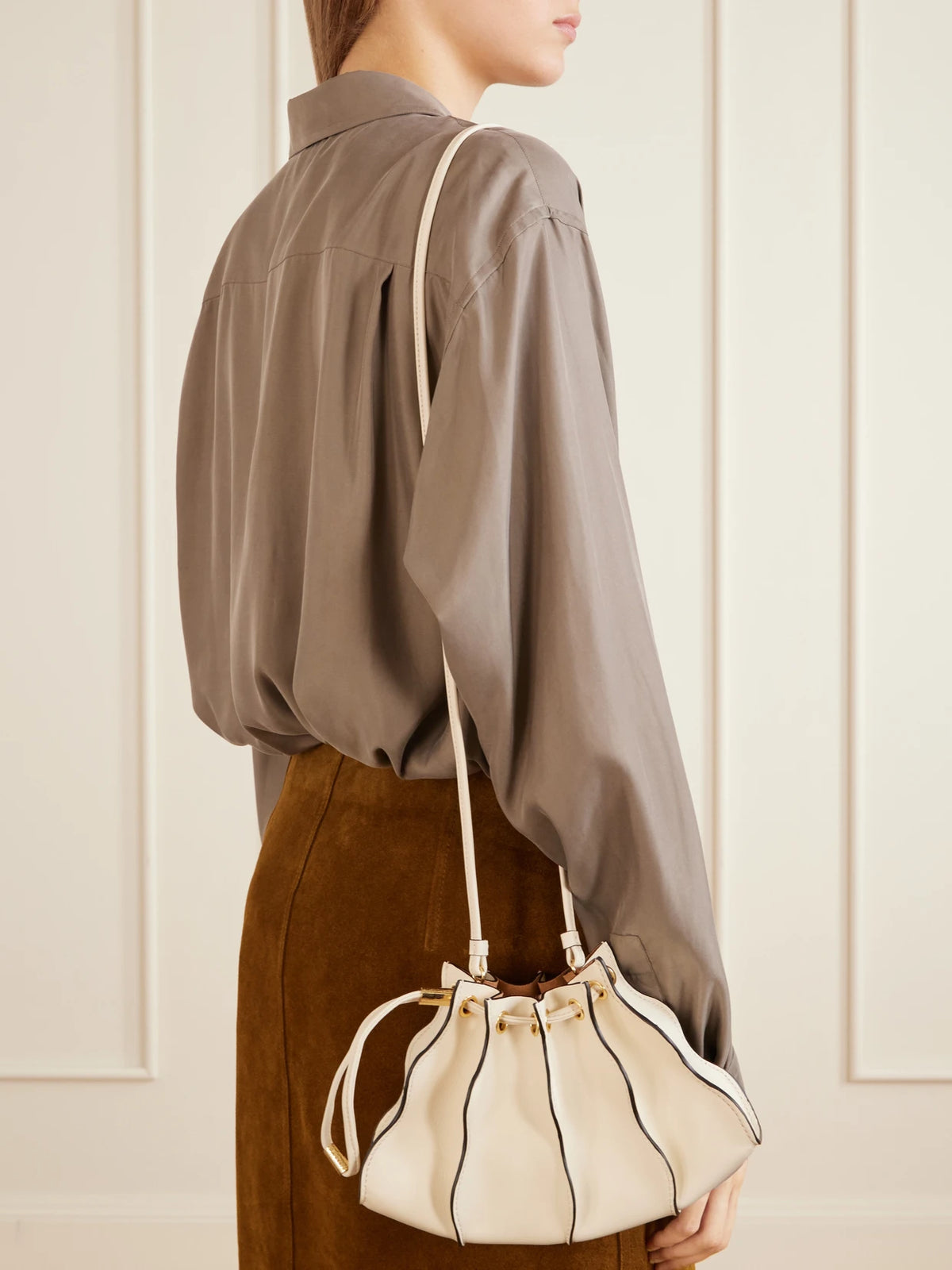 Image of Bags. Product name - Adria Small Leather Shoulder Bag in Cream colour by brand - Ulla Johnson