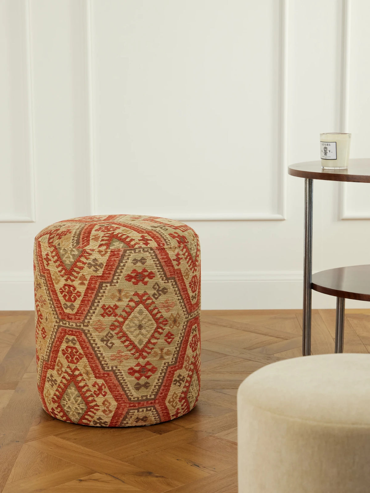 Image of Decor. Product name - Kashmar Pill Velvet-jacquard Pouf in Red colour by brand - SIX THE RESIDENCE