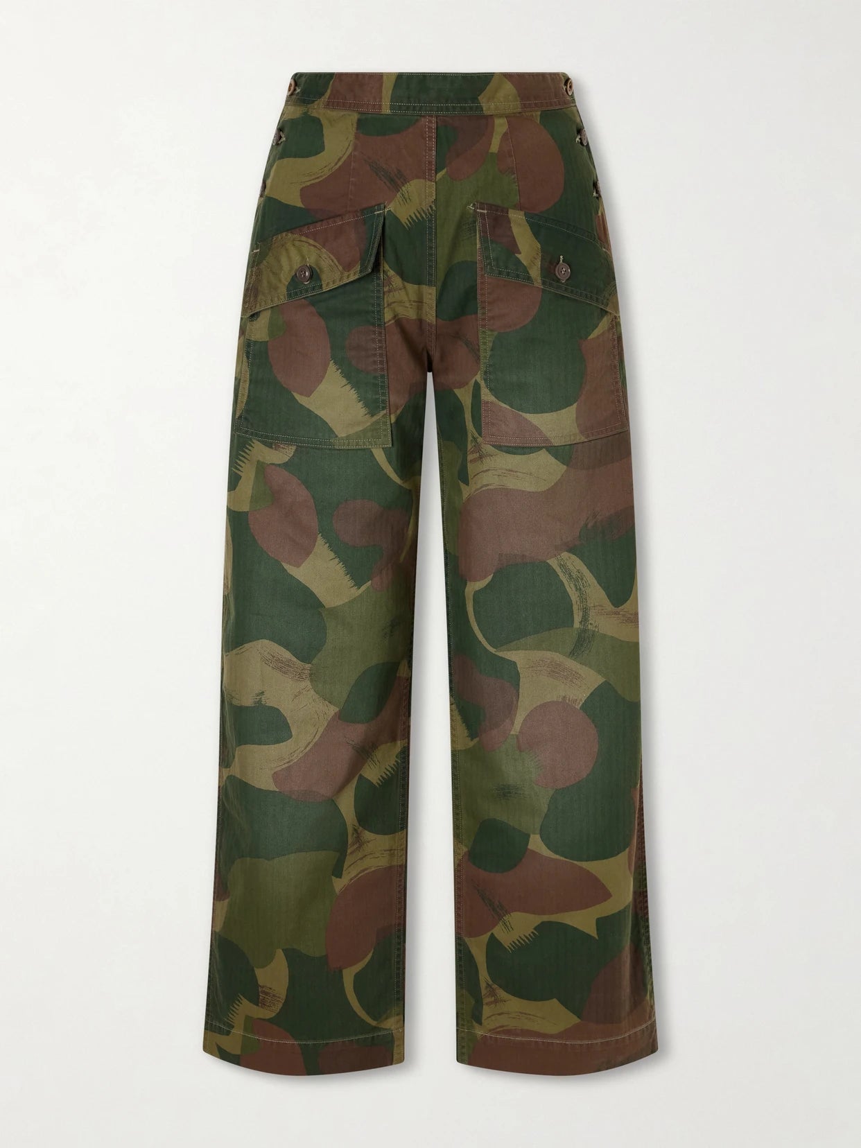 Image of a model wearing Pants. Product name - Camouflage-print Cotton Wide-leg Pants in Army green colour by brand - RRL