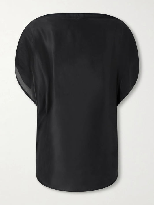 Image of a model wearing Tops. Product name - Poppi Satin Blouse in Black colour by brand - KHAITE