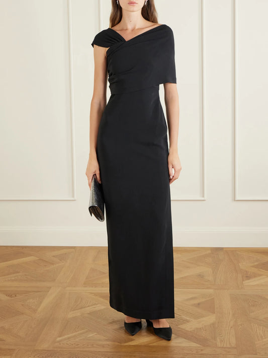 Image of Dresses. Product name - Draped Asymmetric Cady Gown in Black colour by brand - Oscar de la Renta